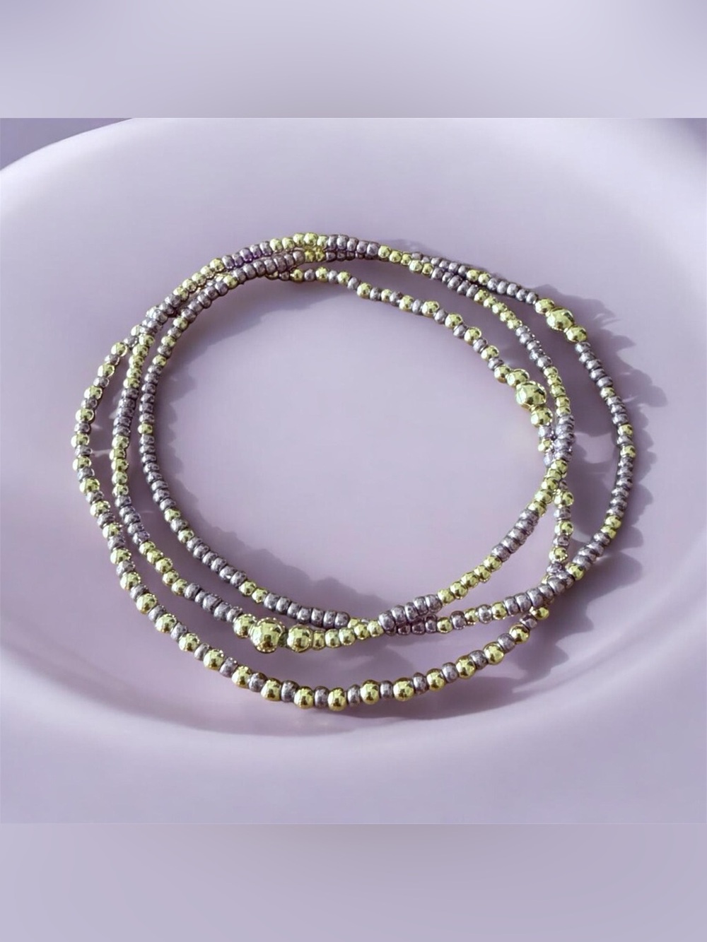 14K Gold Filled & Lavender Seed Bead Stretch Bracelet Set (Set of 3) Handmade